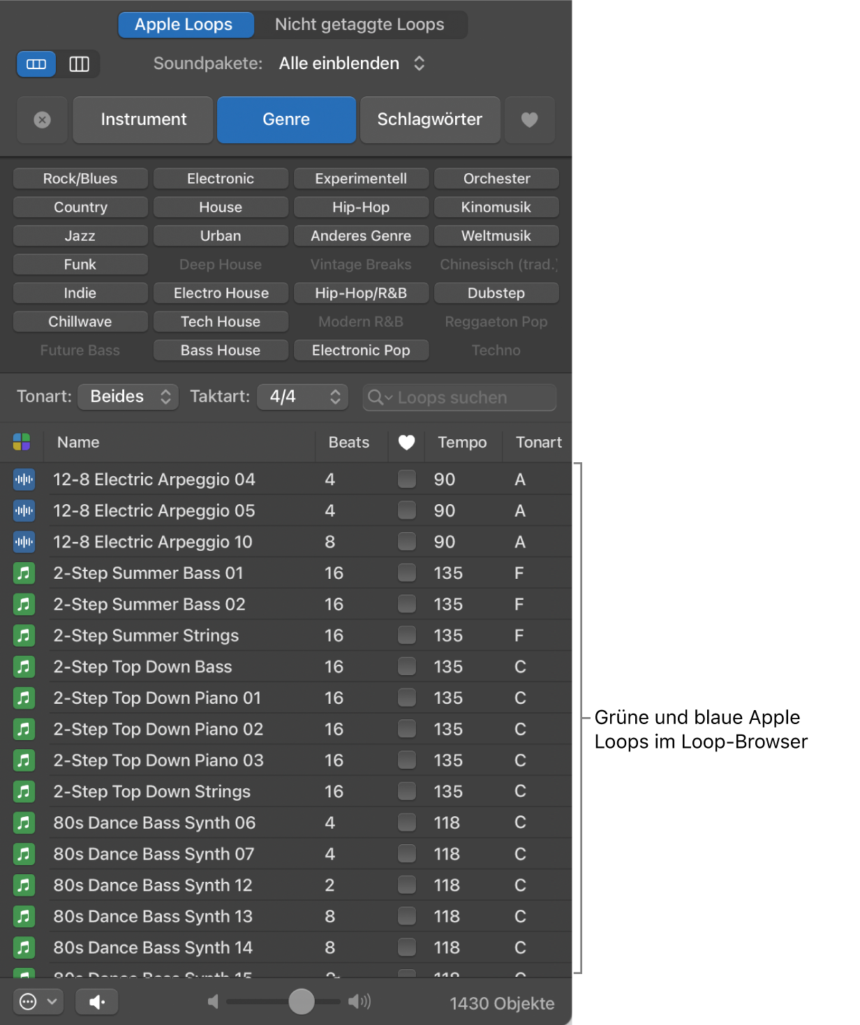 Loop Browser mit MIDI (grün) und Audio (blau) Apple Loops