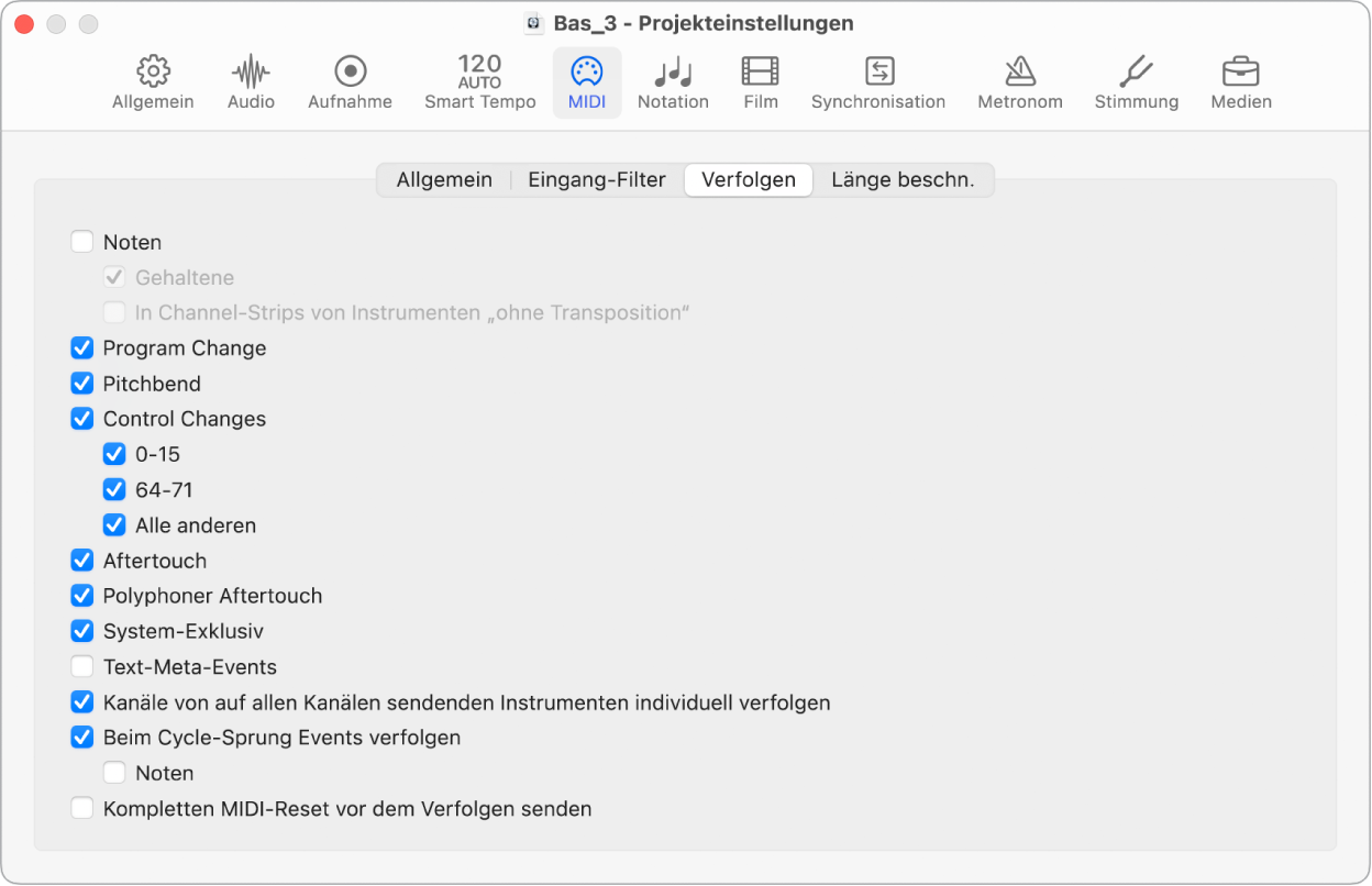 Abbildung. Bereich „Verfolgen“ der MIDI-Projekteinstellungen