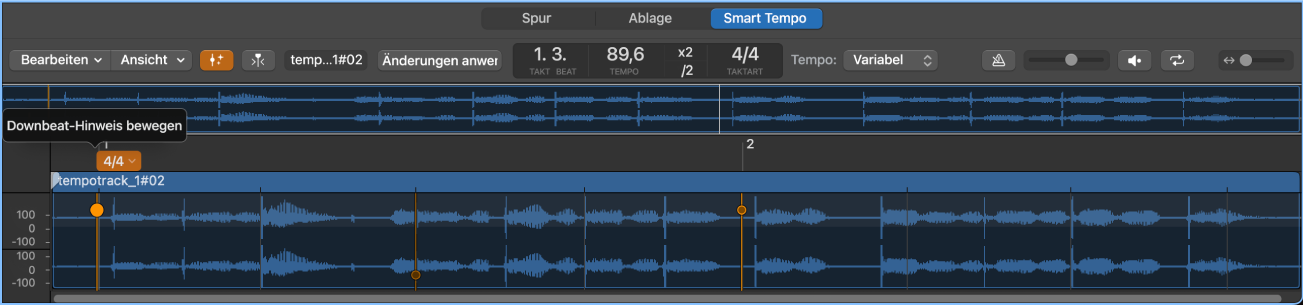 Abbildung. Editor „Smart Tempo“ mit Downbeat-Hinweisen, Beat-Hinweisen und Taktart-Hinweisen