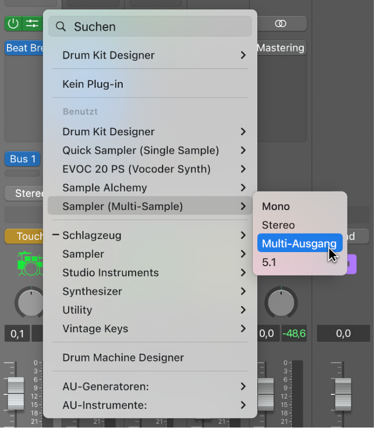 Abbildung. Einblendmenü für den Instrument-Slot mit Option „Sampler Multi-Ausgang“