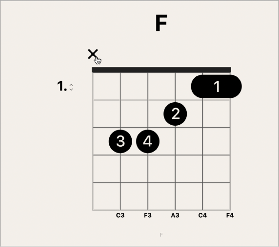 Abbildung. Werkzeug „Finger“ über oberem Bereich der Saite auf Akkorddiagramm