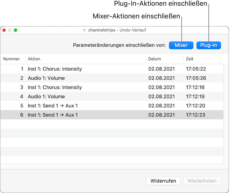 Abbildung. Undo-Verlauf mit aktivierten Tasten zum Einschließen von Mixer- und Plug-in-Aktionen