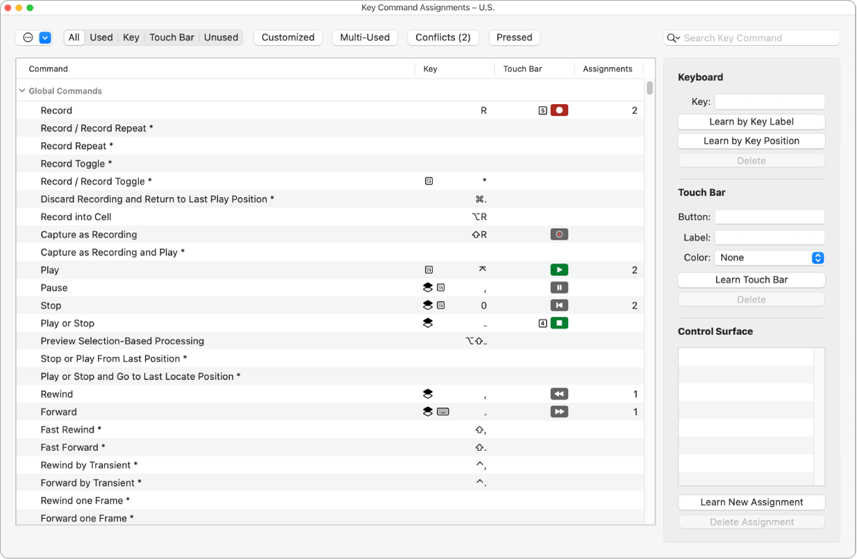 Figure. Key commands window.