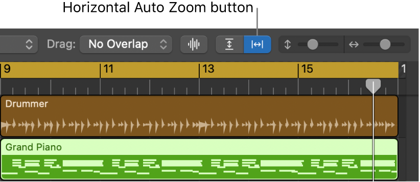 Waveform Zoom, Vertical Auto Zoom and Horizontal Auto Zoom controls in the Tracks Area menu bar.