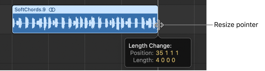 Figure. Resizing a region in the Tracks area. The Help tag shows the length of the region.