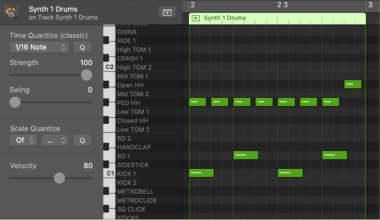 Figure. Piano Roll Editor showing names of notes on the vertical keyboard.