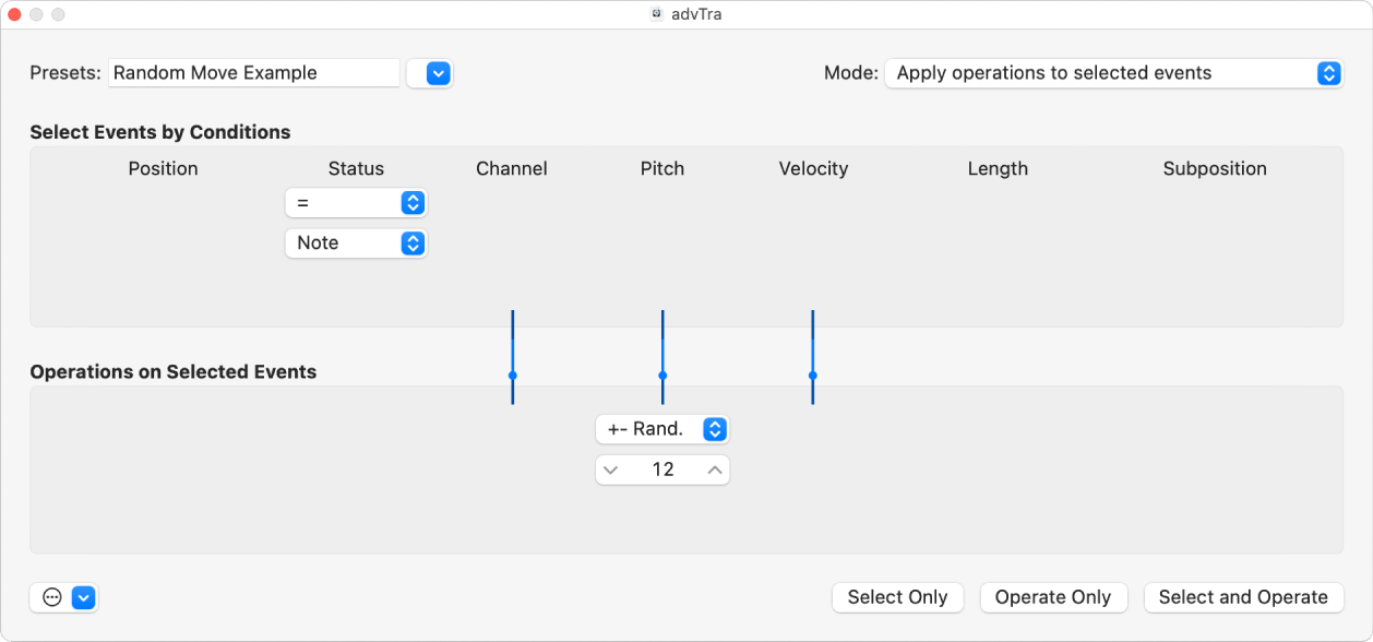 Figure. Transform window showing settings to randomly change the pitch of MIDI note events.