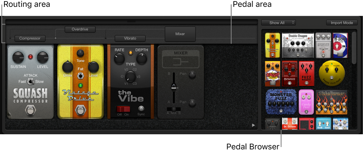 Figure. Pedalboard window, showing main interface areas.