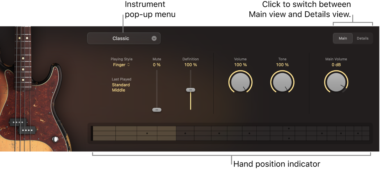 Figure. Studio Bass showing the Main view with callouts to the Instrument pop-up menu, Hand Position indicator, and Main/Details switch.