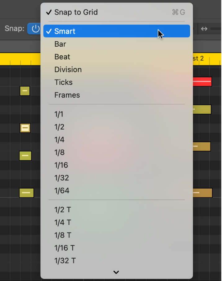 Figure. Snap pop-up menu in the Piano Roll Editor menu bar.