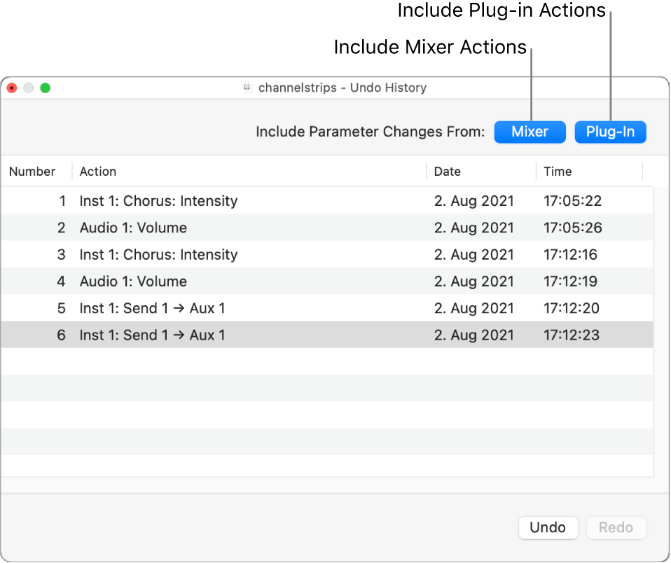 Figure. Undo History with Include Mixer and Plug-in Actions buttons turned on.