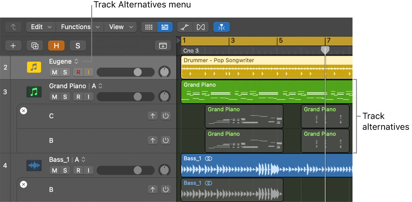 Figure. Tracks area showing multiple track alternatives, with track alternatives menu visible in track headers.