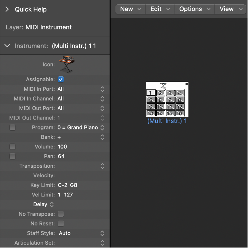 Figure. Environment window showing a multi-instrument object and its inspector.