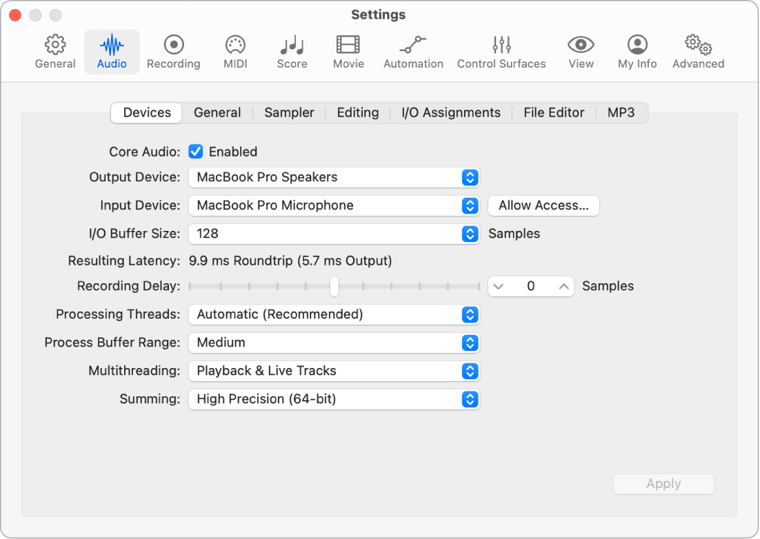 Figure. Audio Devices settings.