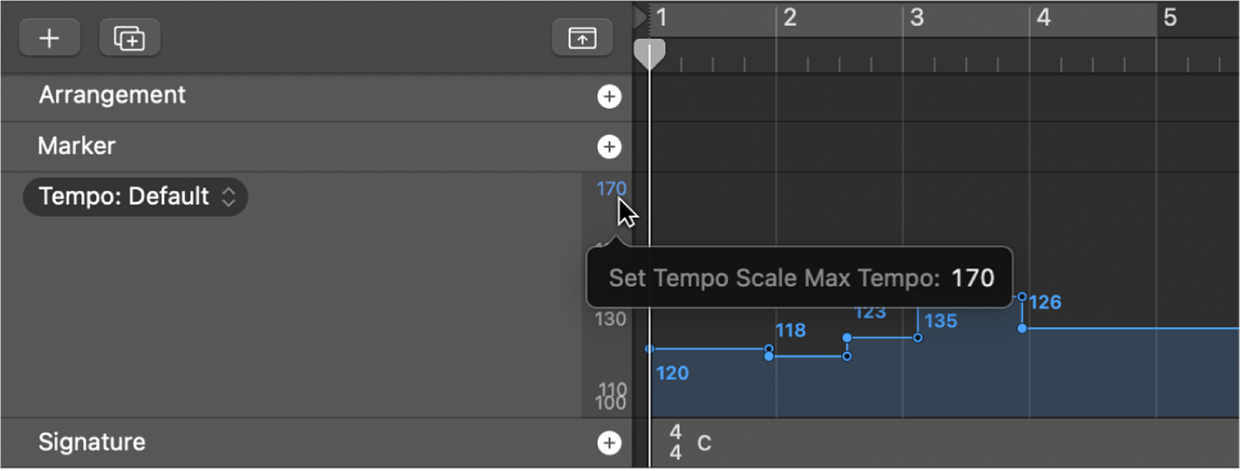 Figure. Dragging tempo scale values in tempo display.