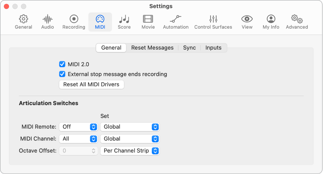 Figure. General MIDI settings.