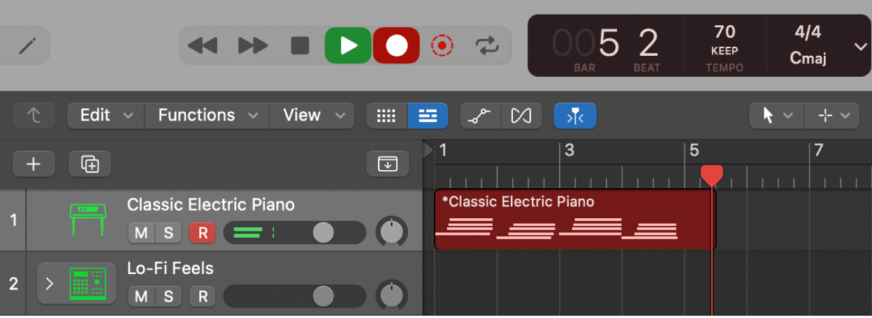 Figure. Showing a recorded MIDI region in red in the Tracks area.