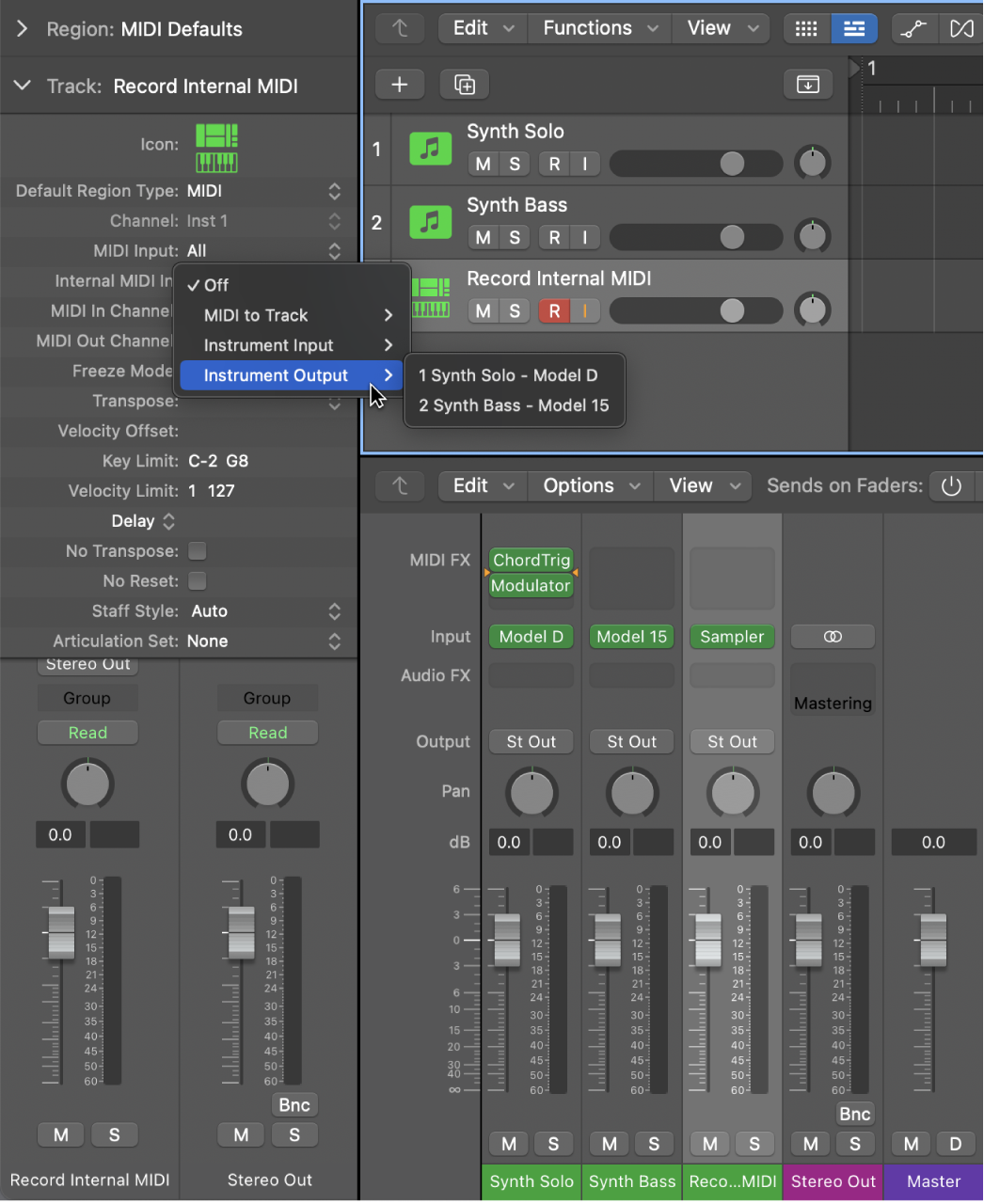 Figure. Internal MIDI In pop-up menu.