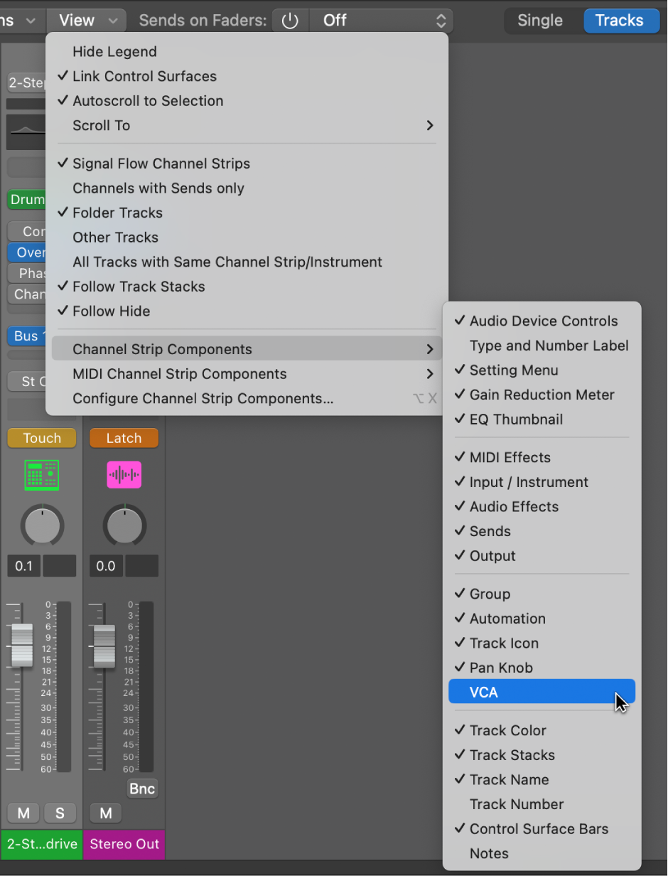 Figure. Channel Strip Components submenu of the Mixer View menu.