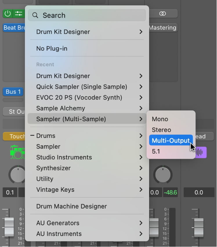 Figure. Instrument slot pop-up menu showing the Sampler Multi-Output option.