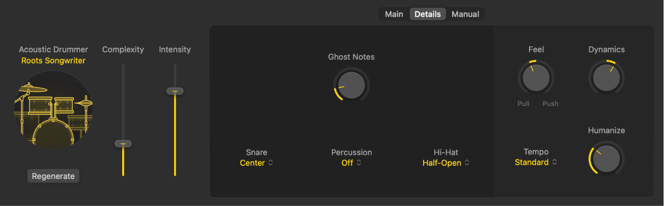 Figure. The Session Player Editor showing the Details view of the acoustic Drummer.