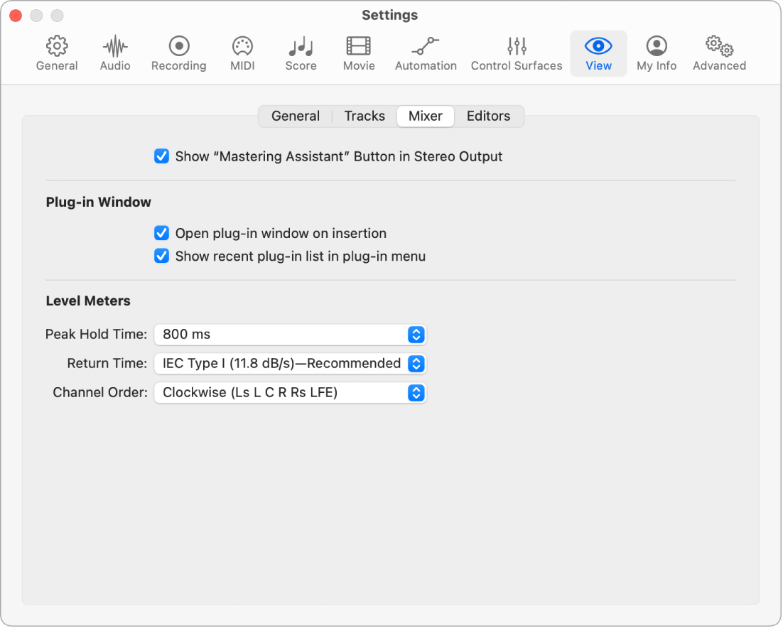 Figure. Mixer View settings.