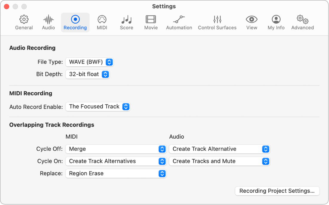 Figure. Recording settings.