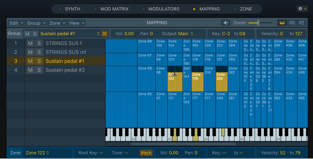 Figure. Key Mapping Editor, showing multiple selected zones in a group.