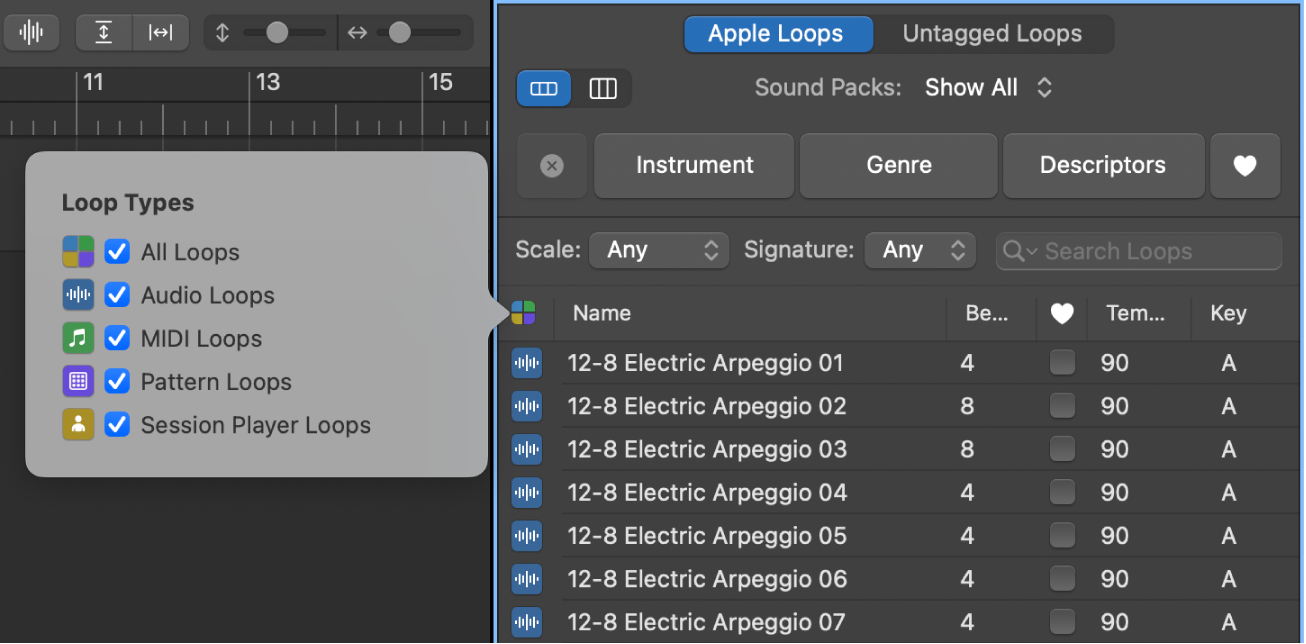 Loop Browser showing Loop Types button and choices.