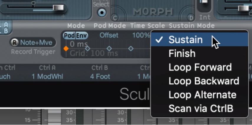 Figure. Morph Envelope Sustain or Loop Mode pop-up menu.