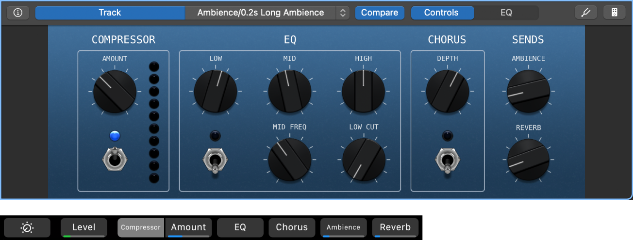 Figure. Acoustic guitar track Smart Controls and dynamic Smart Controls screen shortcuts.