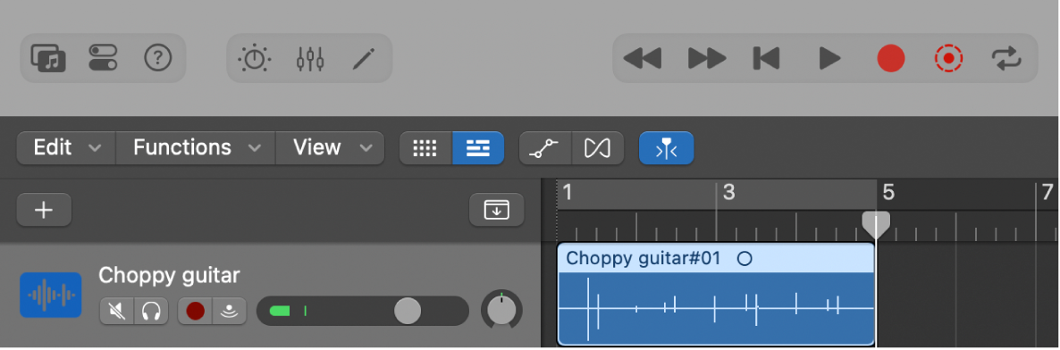 Figure. The Tracks area, showing the new audio region after recording.