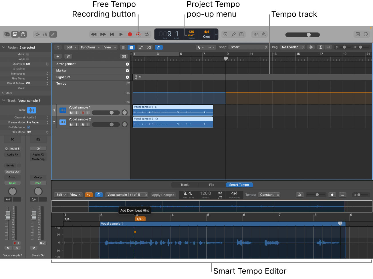 Figure. Project showing recording, Adapt mode chosen, tempo changes in the Tempo track, and the Smart Tempo Editor open.