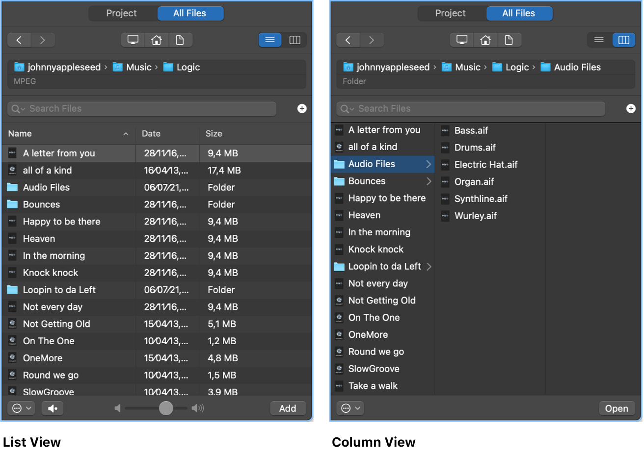 Figure. List view and Column view in the All Files Browser.