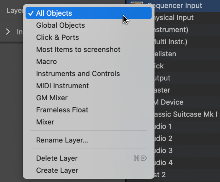 Figure. Layer pop-up menu showing list of layers.