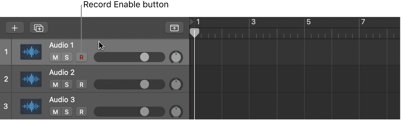 Figure. Selecting the header of an audio track with the Record Enable button.