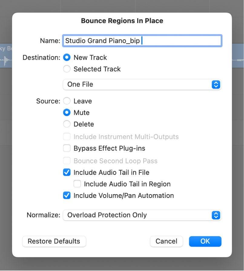 Figure. Bounce Regions in Place dialog.