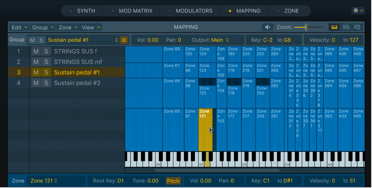 Figure. Key Mapping Editor, showing multiple zones in a selected group.