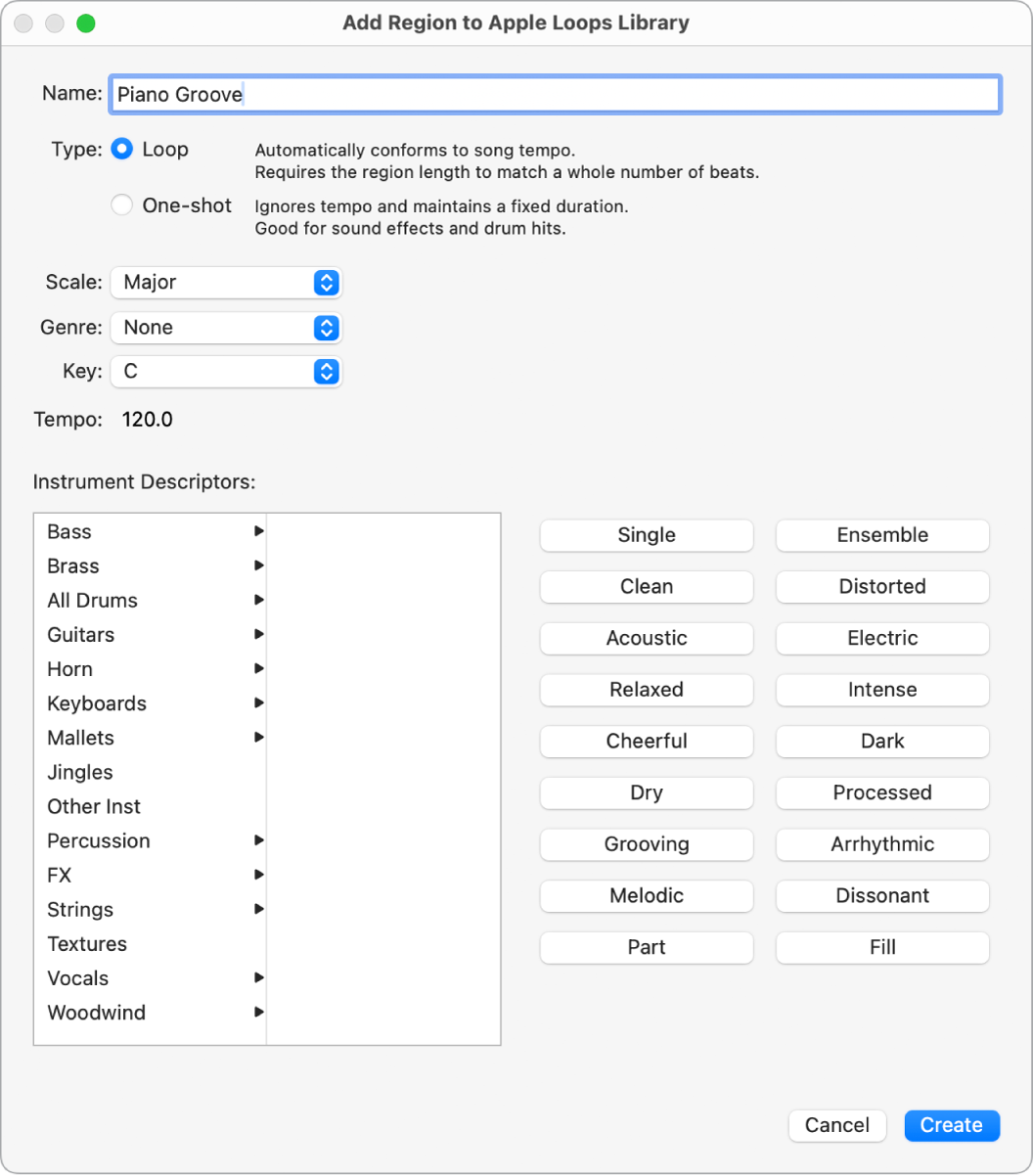 Figure. Add Region to Apple Loops Library dialog.