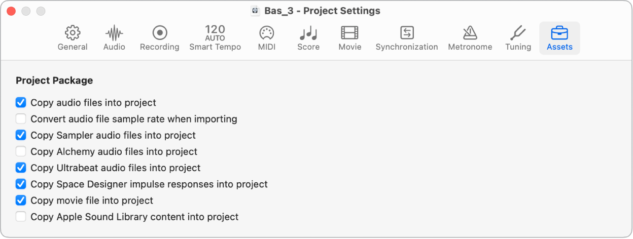 Figure. Assets Project Settings pane.