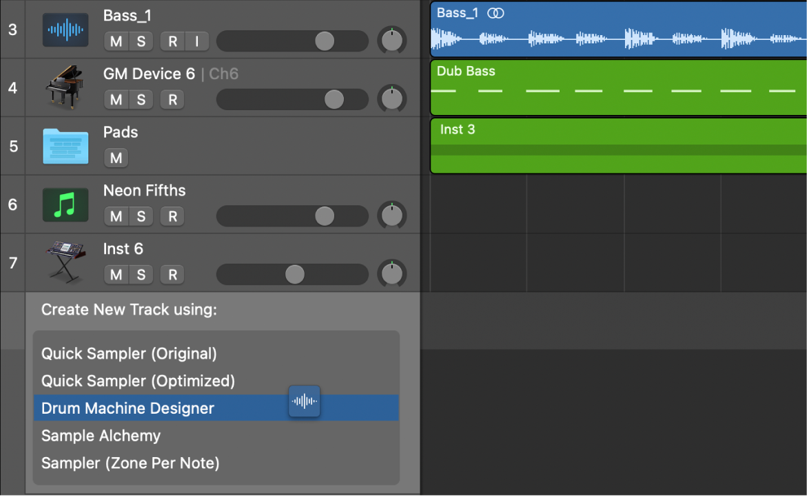 Dragging a single audio file below the track headers, showing the different available options.