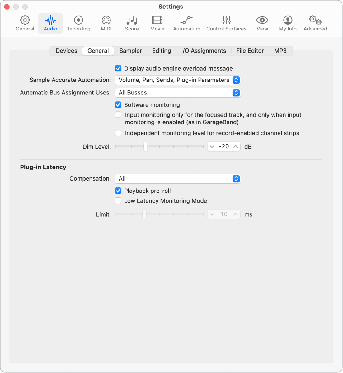 Figure. General Audio settings.