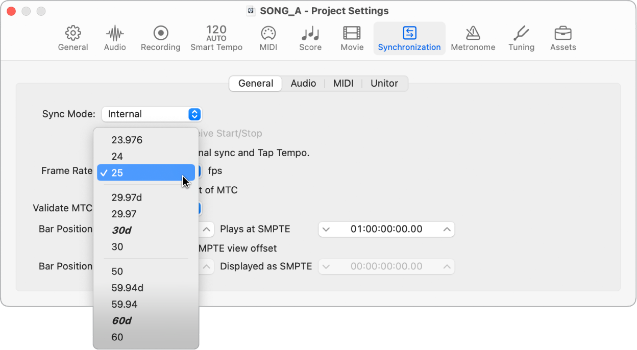 Figure. Synchronization project settings showing Frame Rate pop-up menu.