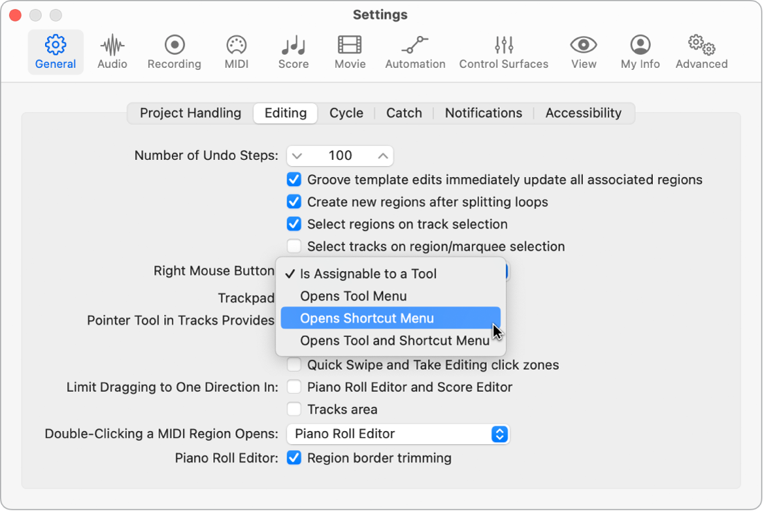 Figure. Right Mouse Button menu in the Editing pane in the General settings.