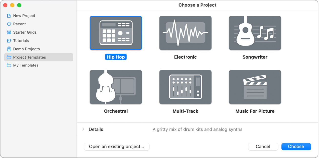 Figure. The Project Chooser, with the Hip Hop project template selected.