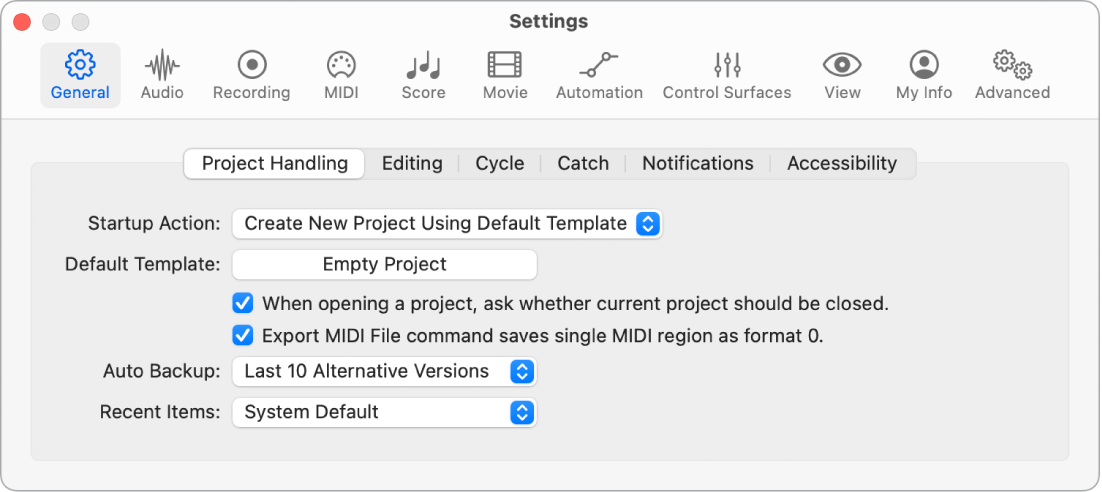 Figure. General Project Handling settings.