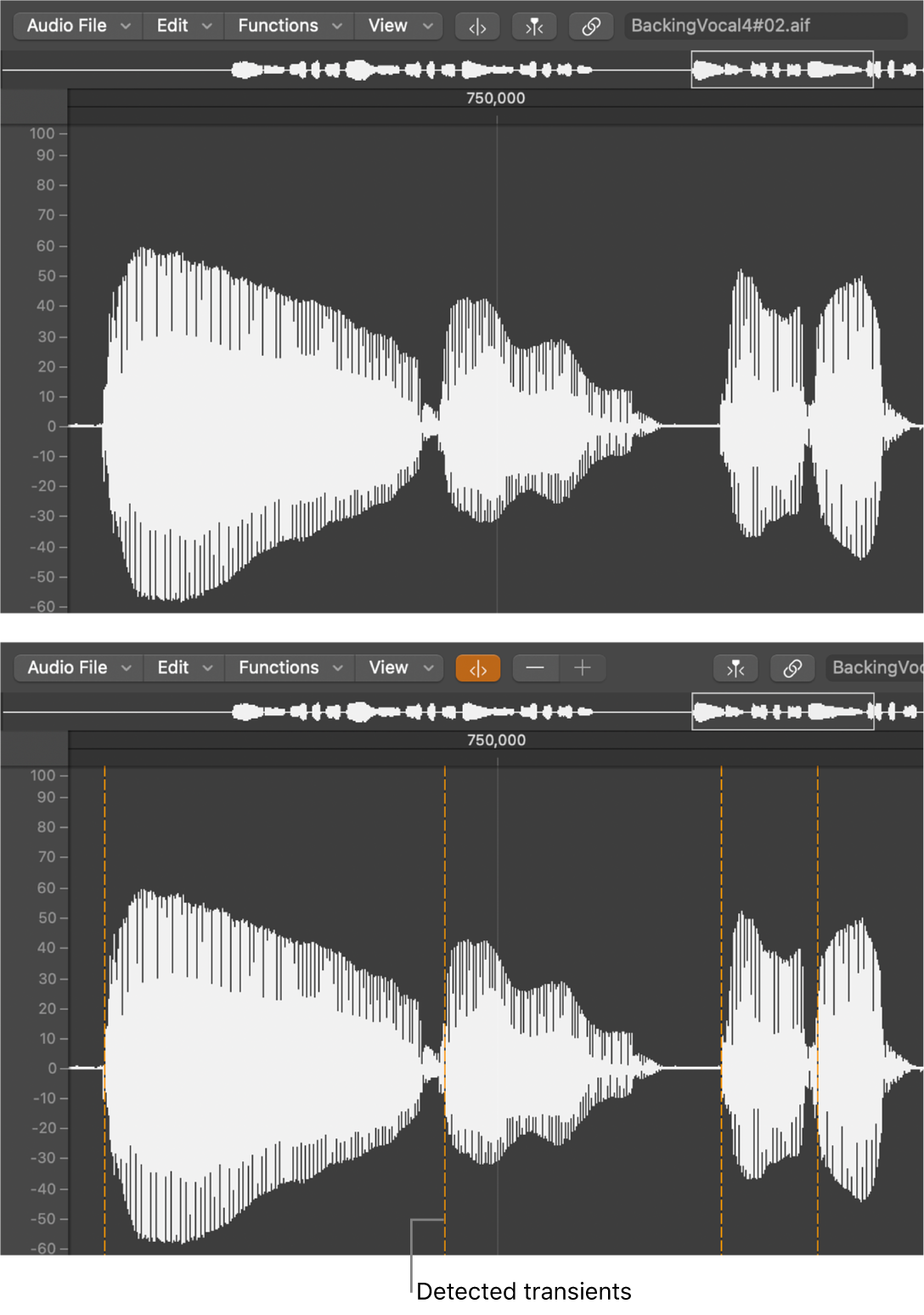 Figure. Audio region in Sample Editor, without transients and with transients.