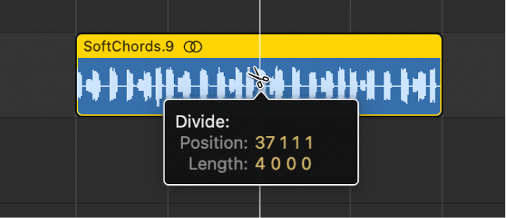 Figure. Splitting a region in the Tracks area using the Scissors tool.