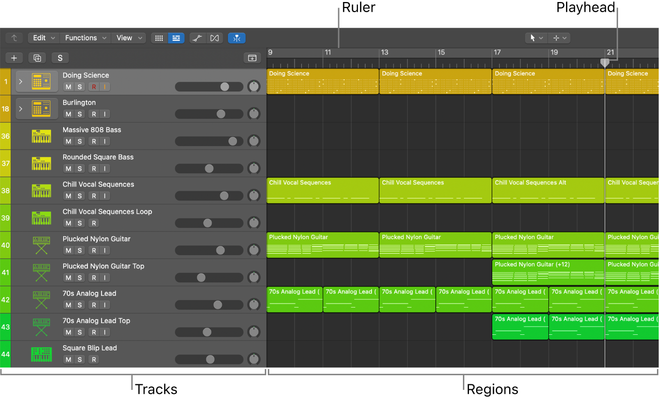 Figure. Tracks area, showing tracks and regions, the playhead, and the ruler.