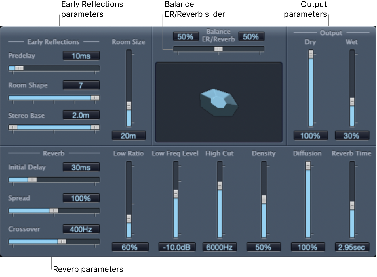 Figure. PlatinumVerb window, showing main parameter areas.